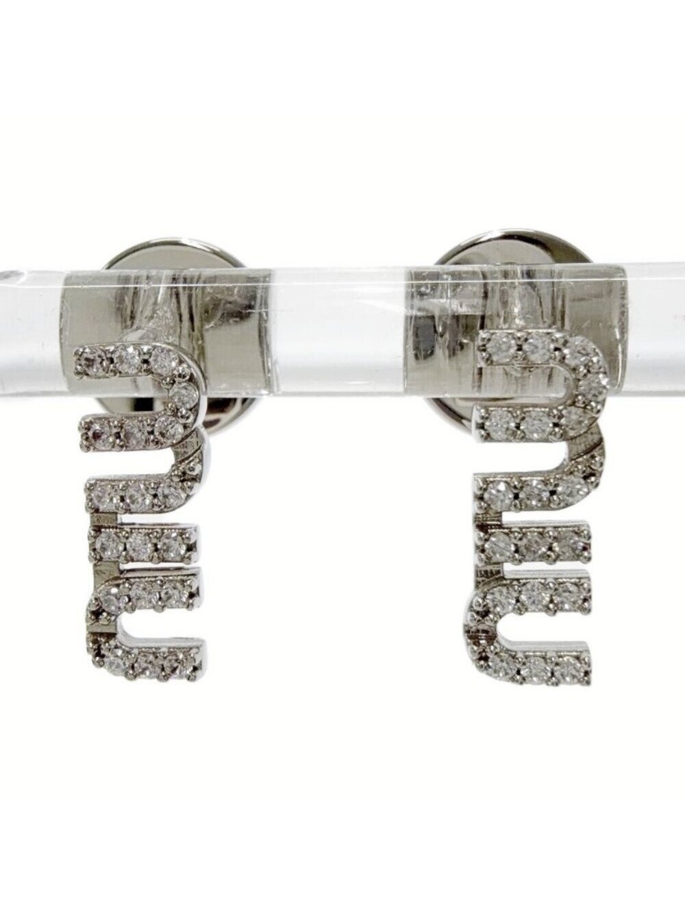 Miu Miu Metal Crystal Logo Earrings Silver